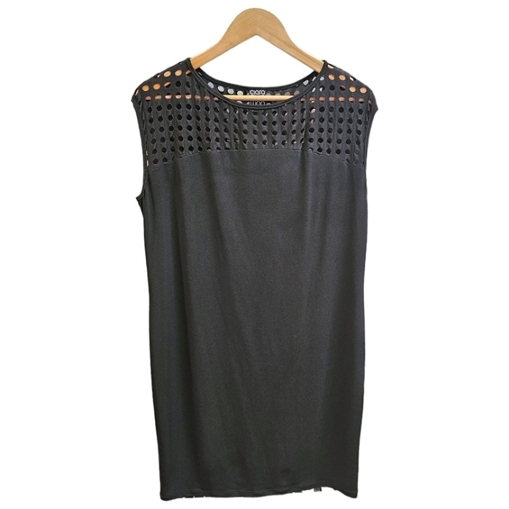 Clara Sunwoo Black Laser Cut Sleeveless Midi Shift Dress Size Medium Stretchy